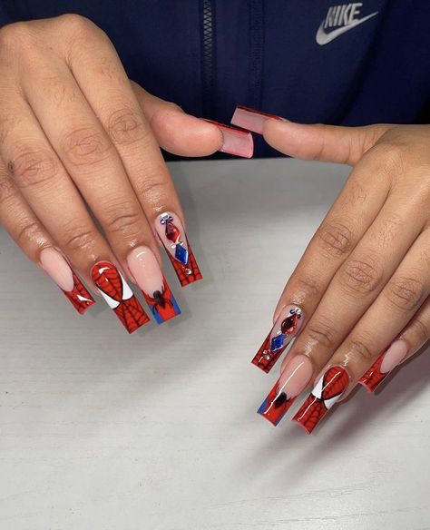 The latest nail style trend to hit Instagram is a creative way to celebrate the season. Users are uploading images of nails painted to look like the knit sweaters that are perfect for this time of the year.  . Spiderman Nail Designs, Marvel Nails, Lace Nails, Colored Acrylic Nails, Short Square Acrylic Nails, Nails Only, Long Square Acrylic Nails, Acrylic Nails Coffin Short, Short Acrylic Nails Designs