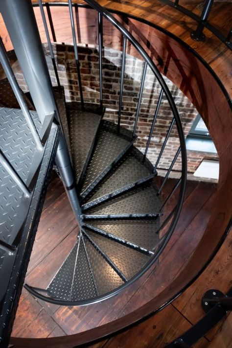 Black Spiral Staircase, Invest Property, Commercial Stairs, Staircase Metal, Spiral Stairs Design, Corner Shelf Design, Bespoke Staircases, Black Stairs, Old Brick Wall