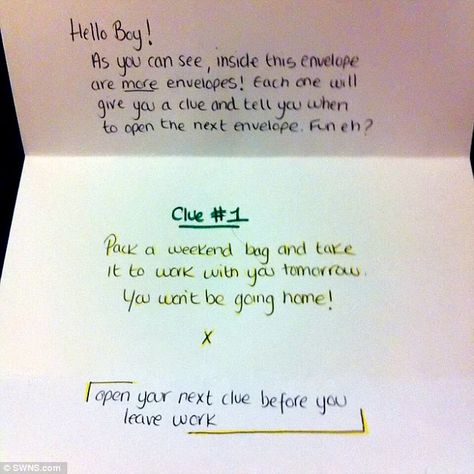 Woman wows her boyfriend with treasure hunt of travel clues | Daily Mail Online Surprises For Her, Treasure Hunt, A Romantic, Clue, Weekender Bag, Travel