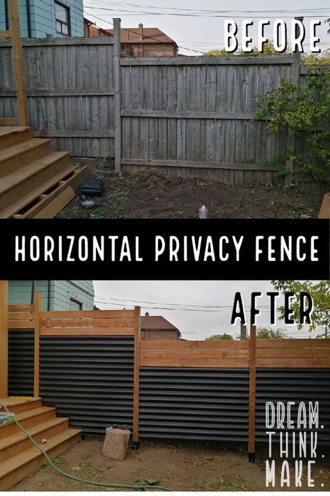 Modern horizontal fence made of roofing panels and wood. See series of photos for before, during, and after pics, including a highlight of materials used. Cheaper and faster to install than a traditional fence (plus looks amazing too). #DIY #Fence #Horizontal #Modern #BeforeandAfter #Roof #RoofingPanels #BudgetFriendly Black Sheet Metal Fence, Dark Privacy Fence, Home Fencing Ideas, 6 Ft Privacy Fence Ideas, Diy 6ft Fence, Fence Around Propane Tank, Sturdy Fence Ideas, Half Fence Ideas, Decorative Fence Panels Ideas