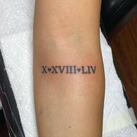 Forearm Roman Numeral Tattoo Creation Roman Numeral Birthday Tattoo, Roman Numeral Tattoo Arm, Roman Numeral Tattoo Font, Roman Numeral Date Tattoo, Roman Numbers Tattoo, Datum Tattoo, Roman Numeral Tattoo, Numeral Tattoo, Inner Forearm Tattoo