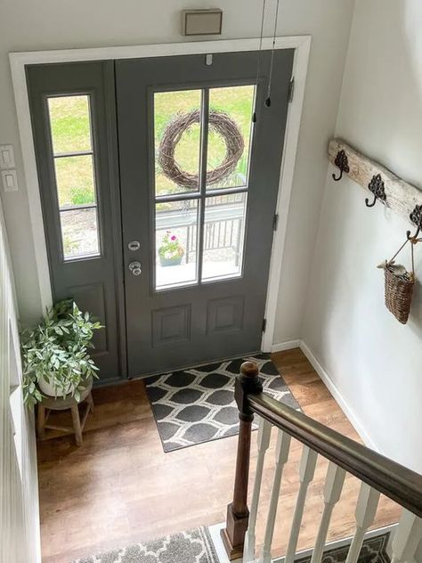 Raised Entryway, Split Level Entry Remodel, Split Level Entryway Ideas, Raised Ranch Entryway, Ranch Entryway, Split Foyer Entry, Decorating Entryway, Foyer Remodel, Split Foyer Remodel