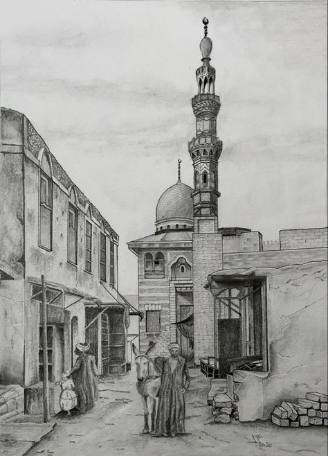 Egypt Sketch Drawings, Arabic Architecture Drawing, Cairo Drawing, Egyptian Drawing Pencil, Egypt Sketch, Egypt Drawing, Egyptian Drawings, Arabic Culture, Egyptian Architecture