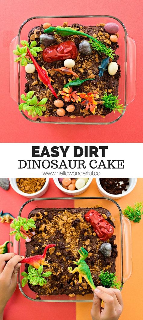 Easy Dirt Dinosaur Cake #dinosaurcake #dinosaurparty #kidsfood #birthdaycake #kidsbirthdayparty #dinosaurbirthday Dino Birthday Cake, Thomas Cake, Mommy Duties, Kids Holidays, Dino Cake, Recipe For Teens, Dirt Cake, Dinosaur Birthday Cakes, Hazelnut Cake