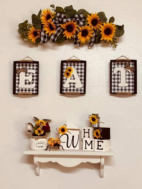 Diy Sunflower Kitchen Decor Ideas, Sunflower Decorations Home, Diy Dollar Tree Sunflower Decor, Sunflower Dining Room, Sunflower Kitchen Decor Diy, Sunflower Kitchen Decor Ideas, Rustic Sunflower Kitchen Ideas, Sunflower Entryway Decor, Sunflower Restroom Decor