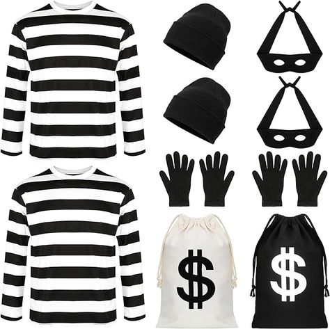 QZYL 12 PCS Robber Costume, Unisex Thief Cosplay Set T-Shirt Beanie Cap Gloves Eye Masks Money Bags for Halloween Costume Robber Costume, Halloween Costume Adult, Couple Halloween Costumes For Adults, Money Bags, Eye Masks, Beanie Cap, Adult Halloween Costumes, Basic Long Sleeve, Striped Sleeve