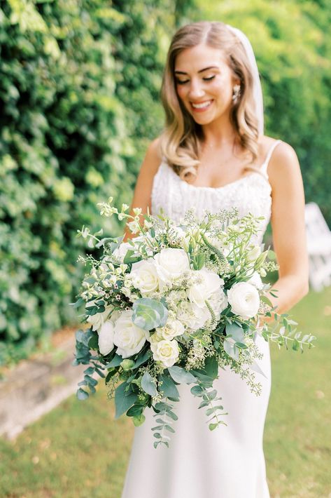 White And Green Fall Wedding, Wedding Flowers For Sage Green Theme, White Green And Gold Bridal Bouquet, Wedding Flowers With Lots Of Greenery, Sage Green And White Flowers, Sage Green And Gold Wedding Flowers, Sage Green White And Gold Wedding Flowers, Sage Green White Gold Wedding, Medium Wedding Bouquet