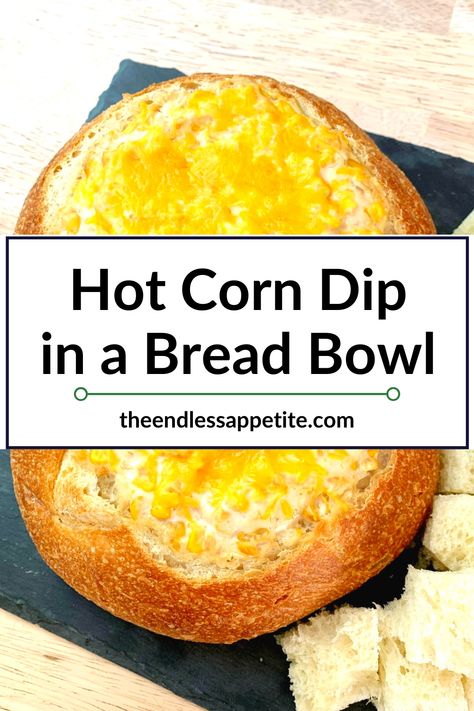 Relax with this gooey & cheesy hot dip rich with cream cheese! Hawaiian Bread Bowl Recipe, Dips With Bread Bowls, Easy Hot Corn Dip, Bread Bowl Dip, Appetizer For A Crowd, Last Minute Appetizer, Hot Corn Dip, Cold Dip Recipes, Bread Bowl Recipe