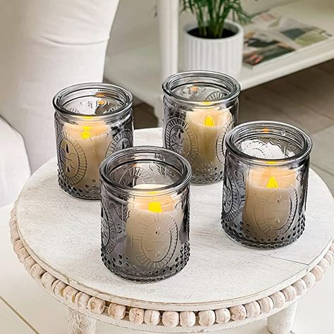 Amazon.com: Smoke Gray Vintage Glass Tealight Votive Candle Holders with Fleur-de-lis Design by Kate Aspen (Set of 8), Farmhouse Decor, Room Decoration, Shelf Decor | Perfect Hostess Gift : Home & Kitchen Night Time Wedding, Glass Votives, Glass Votive Candle Holders, Glass Tea Light Holders, Electric Candles, Glass Votive, Candle Light, Vintage Color, Candle Holder Set