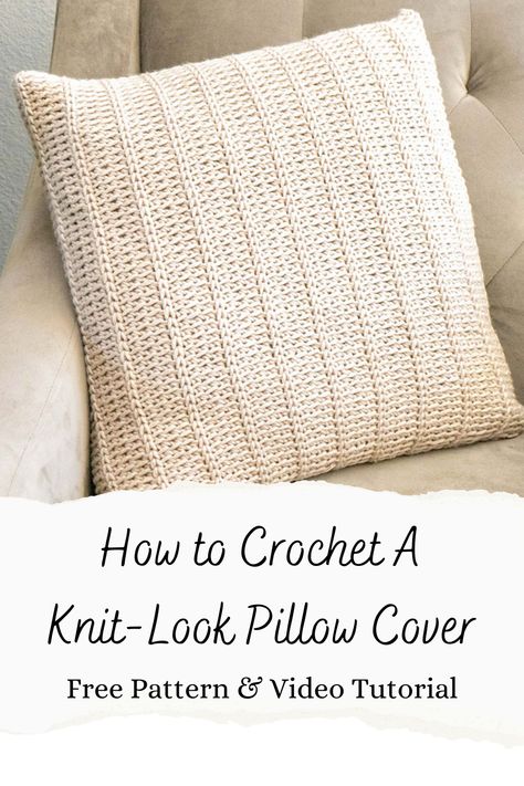 Have you ever crocheted a knit-look pillow?  The simple crochet stitches used in this free pattern mimic knit stitches for a gorgeous piece of home decor.  This pretty pillow is quick to work up and would look amazing in any color! Crochet Pillow Cover 18x18 Pattern, Crochet Pattern For Pillow Cover, Crochet 16x16 Pillow Pattern, Crochet Throw Pillow Pattern Free, Crochet Pillow Cover Pattern Free, Crochet Pillow Pattern Free, Diy Crochet Pillow, Pillow Cover Crochet, Simple Crochet Stitches