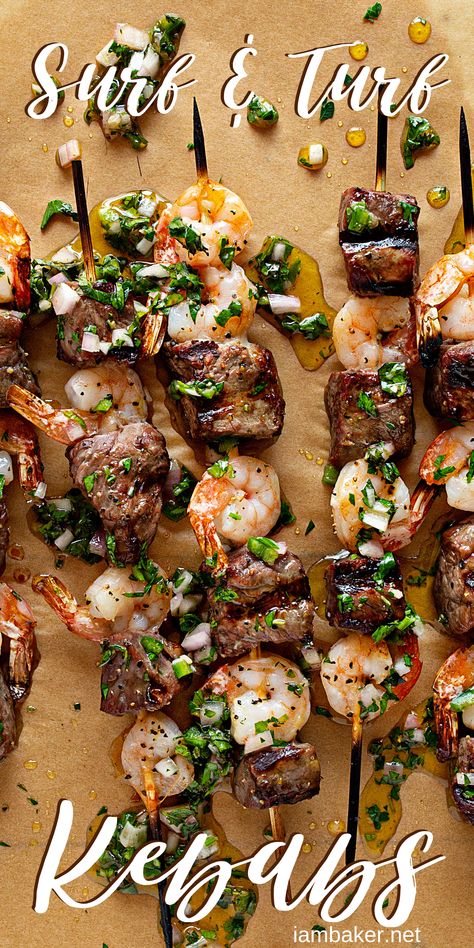 Surf And Turf Meets Chimichurri, Surf And Turf Bbq, Skewers: Surf & Turf Meets Chimichurri, Surf And Turf Kabobs On The Grill, Surf And Turf Appetizers, Chimichurri Skewers, Surf And Turf Dinner Party, Surf And Turf Skewers, Surf And Turf Kabobs