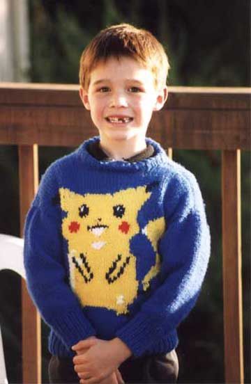 I have a couple friends who are obsessed with Pokémon and while I've never played the game, I sometimes call my daughter Chloe "Pikachu" because she l Pokemon Knitting, Pikachu Sweater, Knitting Kids Sweaters, Rabbit Knitting Pattern, Pokemon Pattern, Kids Knitting Patterns, Baby Boy Knitting Patterns, Knitting And Crochet Patterns, Jumper Knitting Pattern