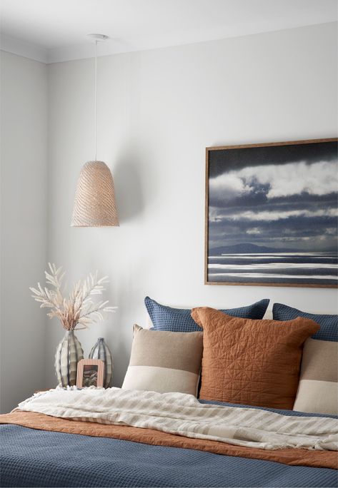 Blue And Leather Bedroom, Tan Orange Blue Bedroom, Blue Gray And Rust Bedroom, Navy And Oatmeal Bedroom, Terracotta And Navy Bedding, Burnt Orange Master Room, Terra Cotta And Navy Bedroom, Blue And Earth Tones Bedroom, Blue Grey Rust Bedroom