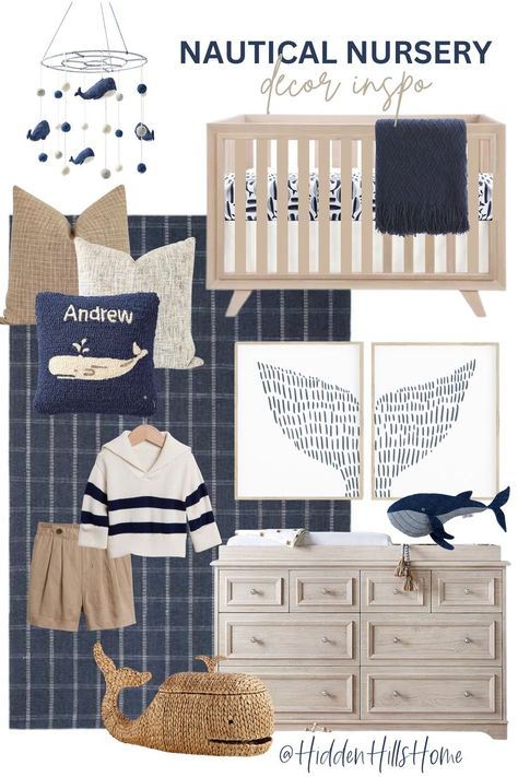 Nautical Nursery inspiration design board Navy White Nursery, Navy Blue Nursery Furniture, Nursery With Navy Accents, Nautical Nursery Wallpaper, Steel Blue Nursery, Navy And Beige Nursery, Subtle Nautical Nursery, Navy Nursery Furniture, Nautical Decor Nursery