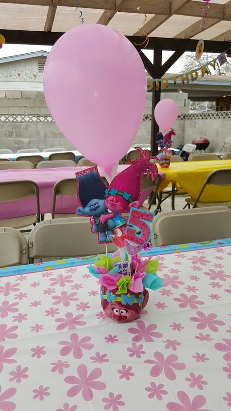 Trolls centerpiece finished Trolls Table Centerpieces, Trolls Centerpieces Ideas Diy, Trolls Party Centerpieces, Trolls Birthday Centerpieces, Trolls Centerpieces Ideas, Centerpieces Ideas Diy, Trolls Centerpieces, Trolls Birthday Party Cake, Trolls Birthday Party Ideas