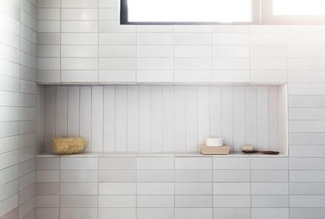 Stacked Tile In the Bathroom. Vertical in shower niche. Stacked Tile, Heath Ceramics Tile, Bathroom Niche, Amber Interiors Design, Subway Tiles Bathroom, Bullnose Tile, White Bathroom Tiles, Heath Ceramics, Interior Minimalista