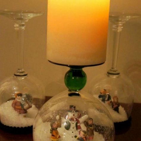 DIY Stemware Snow Globes #Holidayhome Brandy Snifter, Wine Glass Candle Holder, Diy Snow, Wine Glass Candle, Diy Snow Globe, Wine Glass Crafts, Glass Globes, Diy Wine, Wine Bottle Crafts