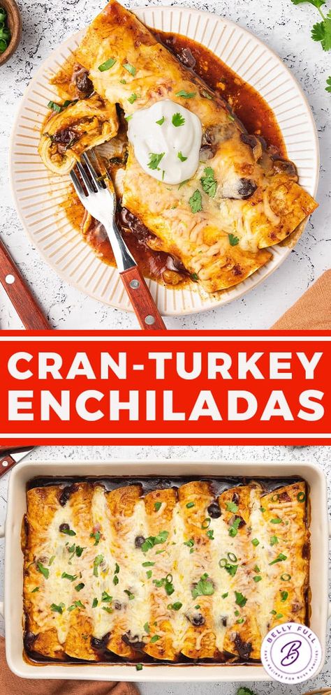 These Cranberry-Turkey Enchiladas are the absolute best use of Thanksgiving leftovers with a crazy delicious Mexican twist! Southwestern Thanksgiving, Mexican Thanksgiving, Cranberry Turkey, Southwestern Recipes, Turkey Enchiladas, Turkey Leftovers, Recipe Using Chicken, Easy Thanksgiving Recipes, Homemade Enchiladas