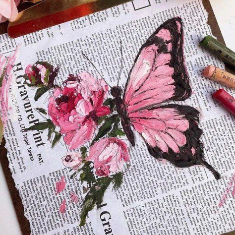 Half Butterfly Half Flower Painting, Butterfly Art Painting, Pastel Butterflies, Oil Pastel Art, Oil Pastel Drawings, Canvas Painting Landscape, Floral Drawing, Art Tools Drawing, Butterfly Drawing