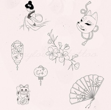 Small Japanese Tattoo Symbols, Small Asian Tattoo Ideas, Tiny Asian Tattoos, Japanese Flash Art Tattoos, Japan Inspired Tattoo Small, Dainty Asian Tattoo, Vietnam Lantern Tattoo, Asian Border Design, Japanese Fan Tattoo Small