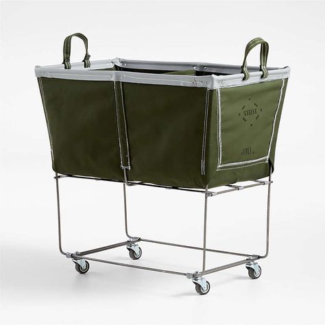 Steele Olive 4-Bushel Divided Sorter Rolling Laundry Hamper + Reviews | Crate & Barrel Steele Canvas, Laundromat Business, Canvas Basket, Pet Washing Station, House Laundry Room, Hanging Drying Rack, Pta Ideas, Green Laundry, Mudroom Ideas