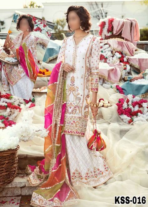 Multicolour Dupatta, New Pakistani Dresses, Silk Sharara, Desi Dress, Shadi Dresses, Pakistani Couture, Pakistani Wedding Outfits, White Gown, Wedding Dress Chiffon