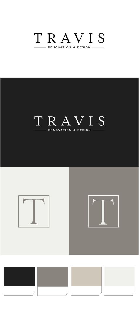 Logo Design and custom color palette for Travis Renovation & Design in Virginia. We aimed to create a classic, timeless, and elegant logo that doesn't distract from Mary's work, but that aligns with it and compliments it's sleekness. #logoinspiration #logodesign #elegant #logo Sleek Logo Design Inspiration, Heritage Branding Design, Luxury Package Design, Brand Application, Create A Logo Free, Latest Graphic Design Trends, Brand Boards, Cafeteria Food, Beautiful Logo