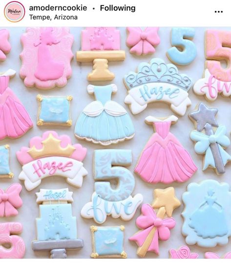 Her Royal Fiveness Birthday Cookies, Princess Dress Cookies, Cinderella Cookies, Disney Princess Cookies, Royal Fiveness, 5th Birthday Girl, Princess Party Food, Cinderella Birthday Cake, 1st Birthday Princess