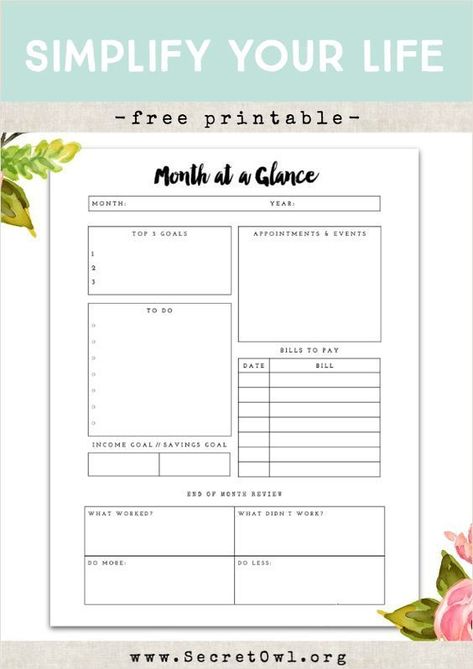 Secret OWL Society: Free Printable - Month at a Glance Goals For The Month, Month At A Glance, Digital Bullet Journal, Blank Calendar Template, Planner Printables Free, Free Planner, Command Center, Planning Printables, Diy Planner