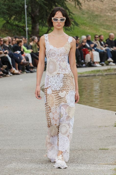 Marco Rambaldi RTW Spring 2023 Patchwork Wedding Dress, Crochet Fashion Trends, Ruffle Summer Dress, Zara Knitwear, Trendy Dress Outfits, Womens Knit Dresses, Next Fashion, Lace Patchwork, Wedding Dresses Romantic