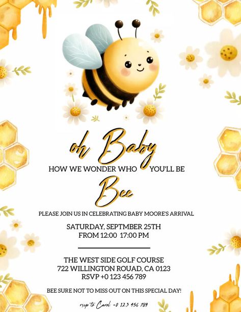 5,790+ Free Templates for 'Bee baby shower invitation' Birthday Party Invite Template, Free Baby Shower Invitations, Bee Baby Shower Invitations, Bee Birthday Party, Bee Birthday, Bee Baby, Birthday Party Invite, Bee Baby Shower, Invite Template