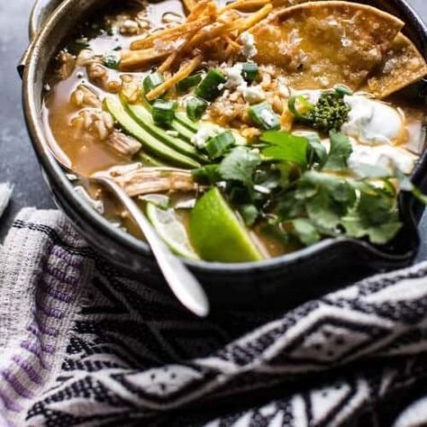 Salsa Verde Chicken and Rice Tortilla Soup. - Half Baked Harvest Chicken And Rice Tortilla Soup, Salsa Verde Chicken And Rice, Verde Chicken, Salsa Verde Recipe, Salsa Verde Chicken, Soup And Stew, Half Baked, Half Baked Harvest, Chicken And Rice