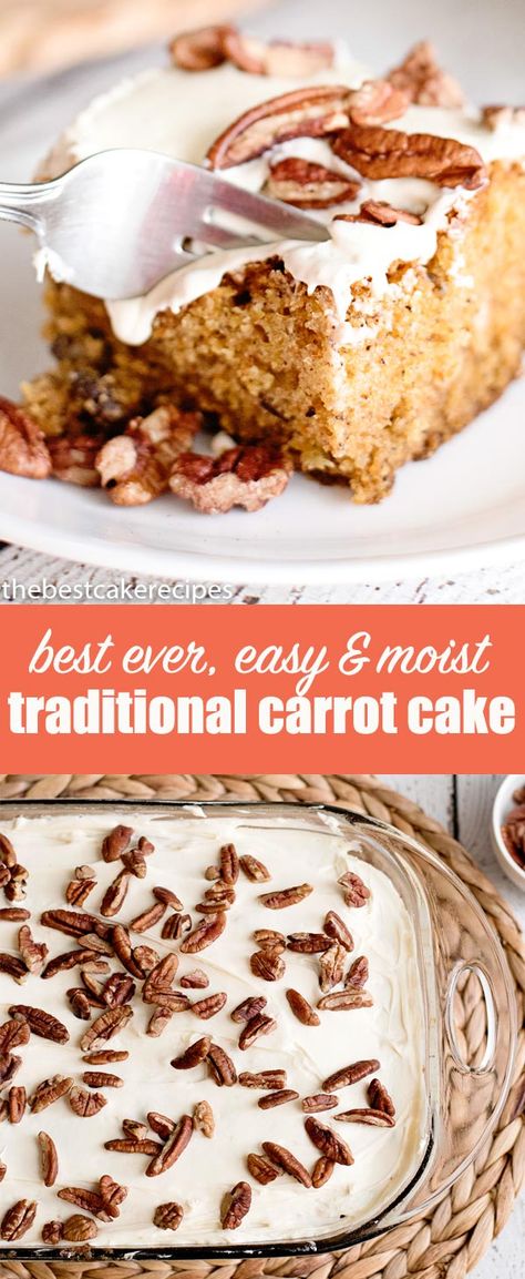 Are you looking for the best carrot cake recipe? Try this moist, homemade spice carrot cake with 3 cups of shredded carrots. Top with cream cheese frosting and a sprinkling of nuts. Serve in a 9x13 pan or make a layered cake. #carrotcake #cake #easter #spicecake via @thebestcakerecipes Best Carrot Cake Ever Allrecipes, Carrot Cake From Spice Cake, Carrot Cake Recipe Using Spice Box Cake, Grandmas Carrot Cake, Grandma Hiers Carrot Cake, Spiced Carrots, Easy Carrot Cake, Homemade Birthday Cakes, Best Carrot Cake