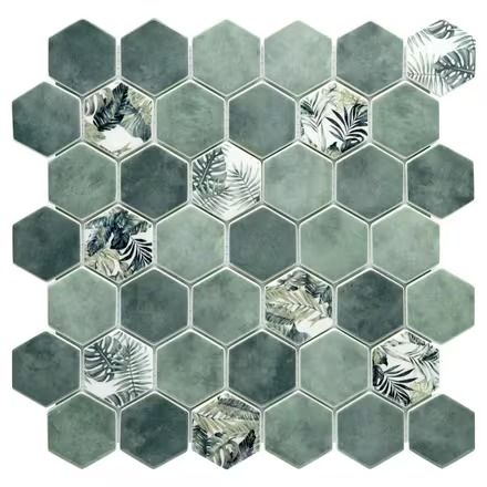 Seychelles 2 in. Hexagon Glass Mosaic Kitchen Wall Tiles Backsplash, Ceramic Kitchen Tiles, Blue Shower Tile, Green Tile Bathroom, Green Backsplash, Beautiful Backsplash, Mosaic Tile Backsplash, Polished Porcelain Tiles, Stone Backsplash