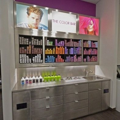 Salon Color Bar Ideas, Salon Color Storage, Color Bar Salon Ideas, Salon Hair Color Storage, Salon Decor Studio, Salon Color Bar, Beauty Shop Decor, Massage Room Decor, Small Salon