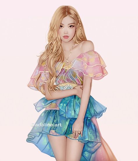 Adaline Art, Rosé Cartoon, Rosé Ig, Kpop Drawings, Rose Art, Kpop Fanart, Digital Art Girl, Blackpink Photos, Beautiful Fantasy Art