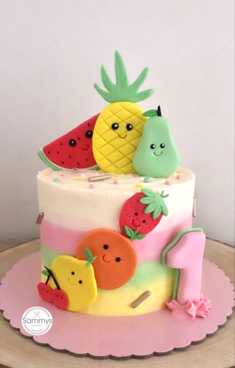 Fruit Fondant Cake, Tooty Fruity Birthday Cake, Fruit Theme 1st Birthday Party, Hey Bear First Birthday Cake, Fruits Theme Cake, Fruit Cake Ideas Birthday, Tutti Fruitti Cake, Fruit Birthday Cupcakes, Fruit Themed Smash Cake