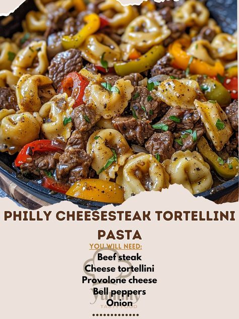 🥩🧀 Twist your taste buds with Philly Cheesesteak Tortellini Pasta! Cheesy, meaty, absolutely delicious! #PastaPerfection Philly Cheesesteak Tortellini Pasta Ingredients: Beef steak, thinly sliced (1 lb (450 g)) Cheese tortellini (1 lb (450 g), cooked) Provolone cheese, shredded (1 cup (100 g)) Bell peppers, sliced (1 cup (150 g)) Onion, sliced (1 cup (150 g)) Olive oil (2 tbsp (30 ml)) Salt and pepper to taste Instructions: Sauté onions and peppers in olive oil until soft. Add beef and co... Cheesesteak Tortellini, Provolone Cheese Recipes, Dinner Ides, Pasta Orzo, Unique Pasta Dishes, Sauté Onions, Orzo Risotto, Unique Pasta, Fall Dinners