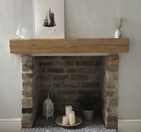 Oak Mantle Shelf, Empty Fireplace Ideas, Oak Beam Fireplace, Wooden Mantelpiece, Mantel Beam, Exposed Brick Fireplaces, Beam Mantel, Oak Mantle, Fireplace Shelf