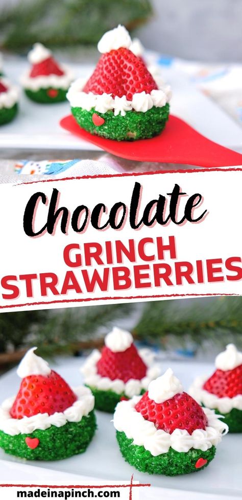 These Grinch strawberries are a healthy (and adorable!) holiday fruit idea. Designed to look like Grinch hats, you only need a few simple ingredients to create a festive and fun treat for the kid in all of us! #Christmas #Grinch #strawberries Grinch Strawberries, Grinch Chocolate, Grinch Fruit, Candy Strawberries, Grinch Snack, Grinch Candy, Strawberry Santa Hats, Strawberry Santa, Grinch Kabobs