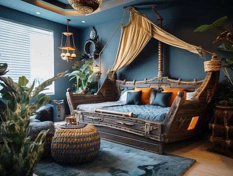 Premium Photo | Photo of Pirate Room Boys With Pirate Ship Bed Treasure Chest Pirate Content Creator Live Stream Boys Pirate Bedroom, Ship Bed, Pirate Ship Bed, Pirate Bedroom, Pirate Room, Room Boys, Interior Design Pictures, Popular Interior Design, Shared Room