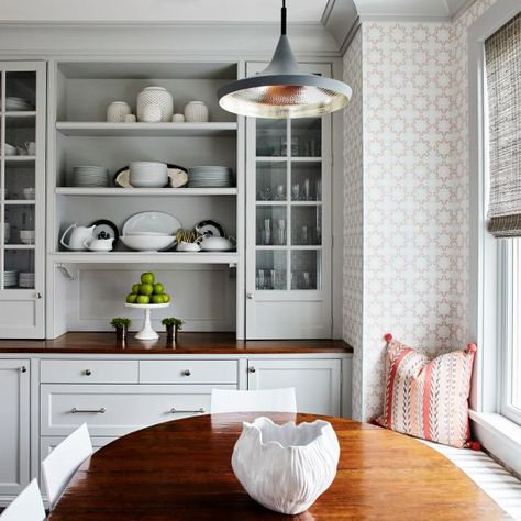 Modern Breakfast Nook, Timeless Wallpaper, Banquette Cushions, Upholstered Banquette, Nook Table, Banquet Seating, Kitchen Breakfast Nooks, Breakfast Nooks, Cozy Breakfast Nook