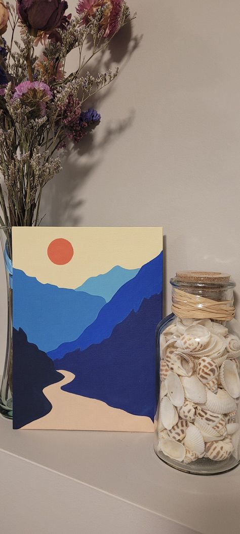 Simple Painting Ideas Mountains, Boho Desert Painting, Easy Wildlife Paintings, Small Mountain Painting, Things To Draw With Acrylic Paint, Mountain Easy Painting, Mountain Road Painting, Easy Paintings For Guys, Mountain Paintings Easy