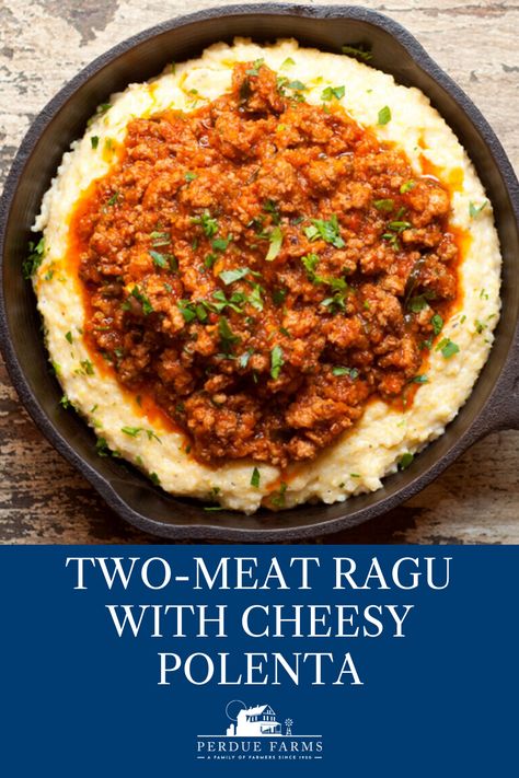 This two-meat ragu with cheesy polenta is a rich, creamy and satisfying Italian main course that makes the most of premium ground pork and beef. A cheesy polenta, which stands in place of pasta, lends a unique twist. #ragu #ragurecipes #polenta #polentarecipes #recipe #recipes #dinner #dinnerrecipes #comfortfood #comfortfoodrecipes #cheesy #meat #italiancuisine #pork #beef #perduefarms Ragu And Polenta, Ground Beef Polenta, Italian Main Course, Ground Pork And Beef, Polenta Bowls, Beef Ragu Recipe, Meat Ragu, Cheesy Polenta, Beef Chorizo