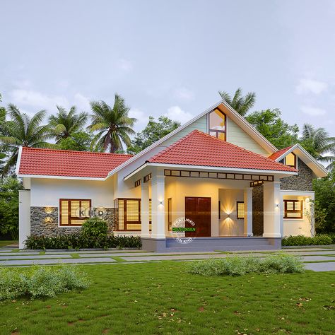 3-Bedroom House with Basalt Rock Elevation - Nature-Inspired Home Design House Elevations Single Floor, Single Floor House Design 3 Bedroom, Kerala Slope Roof House Design, Kerala House Design Single Floor, Home Front Elevation Design, Front Elevation Designs Modern, Home Front Elevation, Single Floor House Design, Sloping Roof