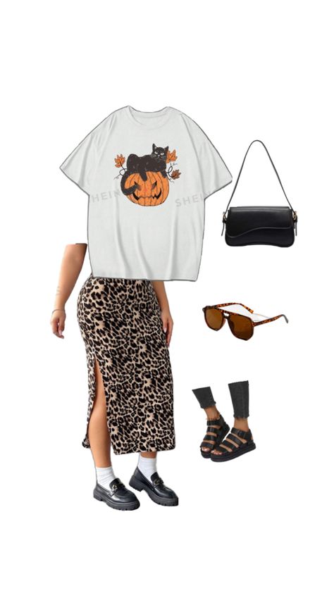 Elevate your casual-chic look with this fierce cheetah print pencil skirt paired with a fun Halloween graphic tee. Add a sleek small black purse, stylish sunglasses, and comfy black sandals for the perfect blend of edgy and effortless. This outfit is ideal for a day out or a spooky night, bringing trendy vibes with a touch of Halloween spirit! #CheetahPrint #HalloweenOutfit #CasualChic #FallFashion #StreetStyle #EdgyFashion #TrendyOutfit #FashionInspo #OOTD #SpookySeason #BlackAccessories #EffortlessStyle #FallVibes #GraphicTee #StylishComfort Funky Fits, Small Black Purse, Graphic Tee Outfit, Spooky Night, Graphic Tee Outfits, Halloween Graphic Tees, Halloween Graphic, Printed Pencil Skirt, Black Purse