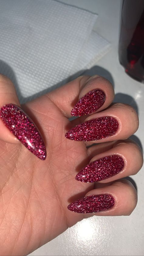 New Years Nails Red Glitter, Red Sequin Nails, Deep Red Glitter Nails, Red Nails Sparkle Glitter, Red Nails Silver Glitter, Dark Red Nails With Glitter, Red Glitter Nails Acrylic, Dark Red Glitter Nails, Christmas Nails Dark Red