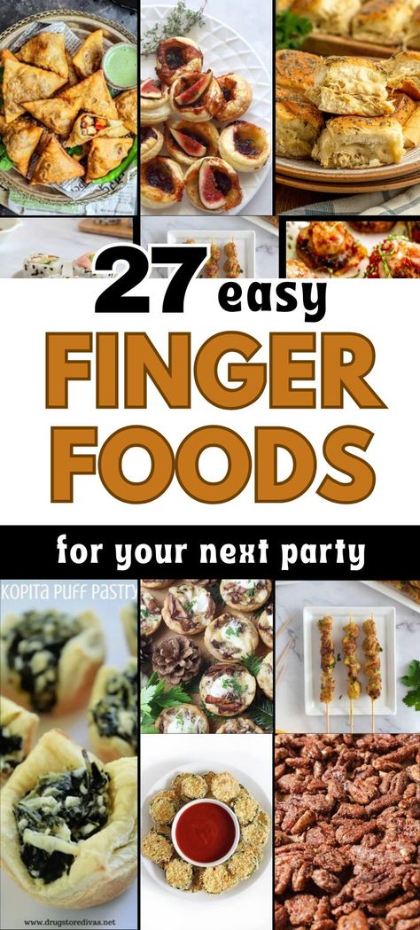 A collage of images for finger foods. The perfect display of finger foods for a crowd, ready to be enjoyed at a party. Unique Party Appetizers, Finger Appetizers, Easy Party Appetizers, Easy Finger Foods, Finger Snacks, Food Suggestions, Finger Food Recipes, Unique Appetizers, Party Snacks Easy