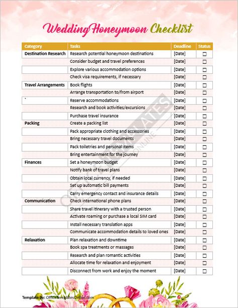 Plan Your Dream Honeymoon: Honeymoon Checklist! Honeymoon Budget Template, Honeymoon Planning Checklist, Free Wedding Checklist, Honeymoon Checklist, Honeymoon Aesthetic, Wedding Checklist Template, Honeymoon Packing List, Honeymoon Packing, Honeymoon On A Budget