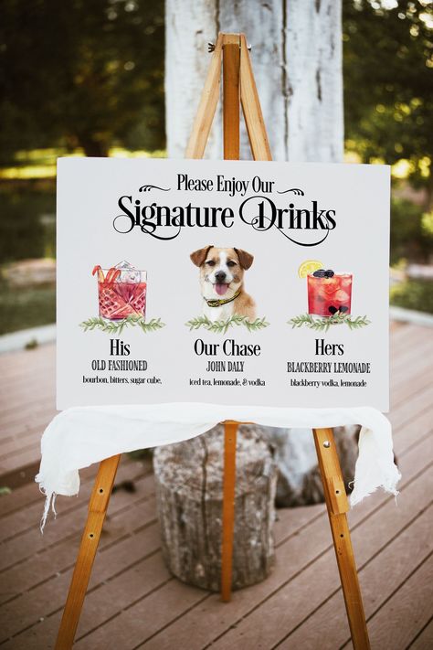 Wedding Drink Signs, 2nd Wedding Ideas, Personal Wedding Touches, Wedding Cocktail Hour Ideas, Fun Wedding Ideas Unique, Nontraditional Wedding Ideas, Simple Fall Wedding, Backyard Wedding Bar, Signature Wedding Drinks Sign